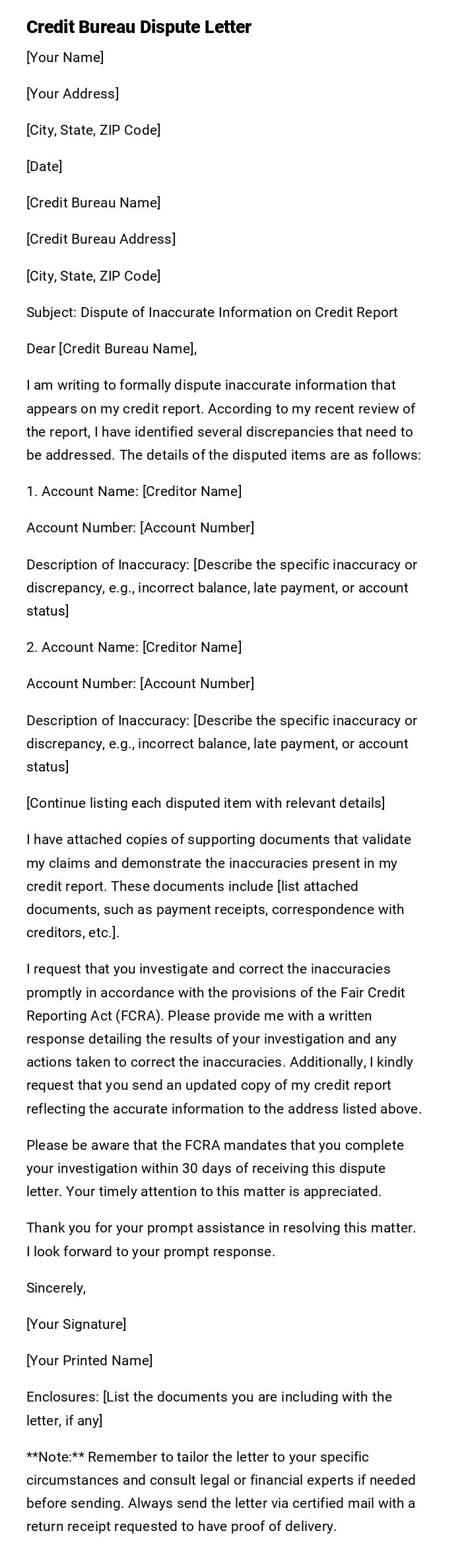 Credit Bureau Dispute Letter