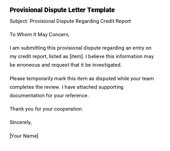 Provisional Dispute Letter Template Provisional Dispute Letter Template