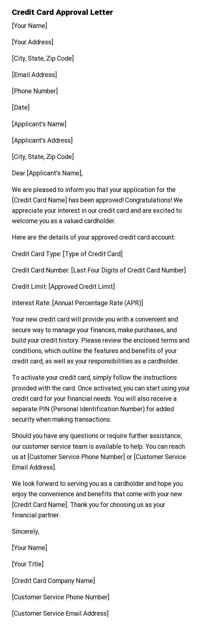 Credit Card Approval Letter