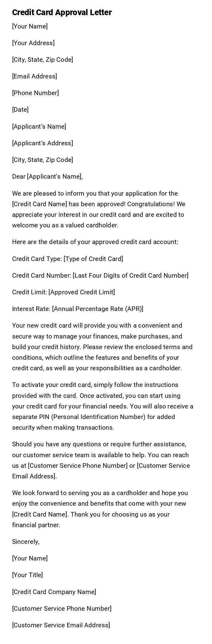 Credit Card Approval Letter