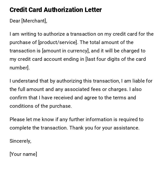 Credit Card Authorization Letter Credit Card Authorization Letter