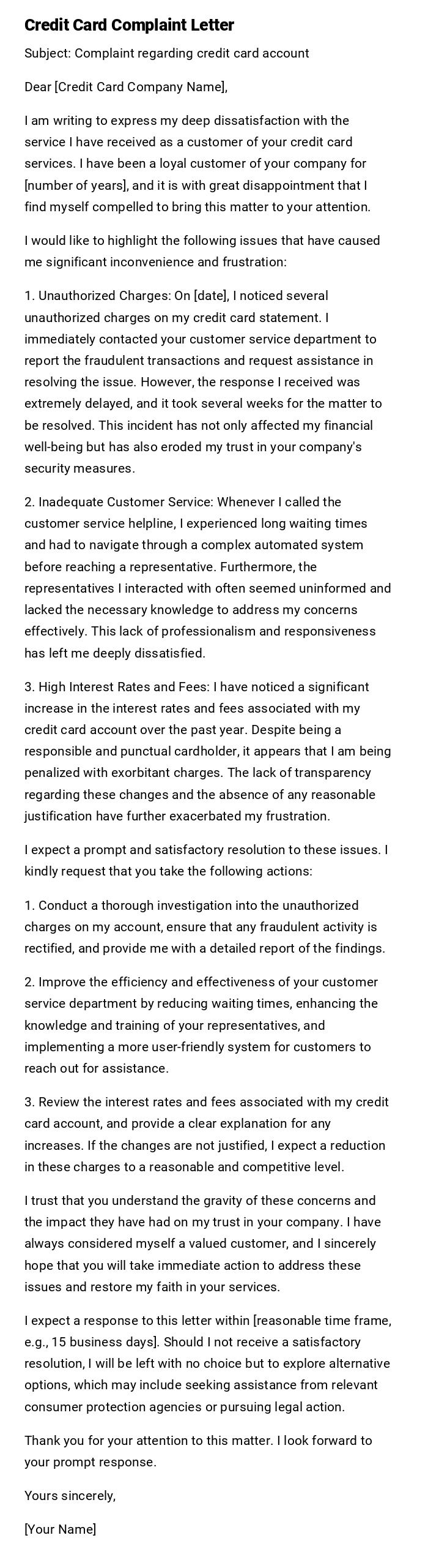 Credit Card Complaint Letter Credit Card Complaint Letter