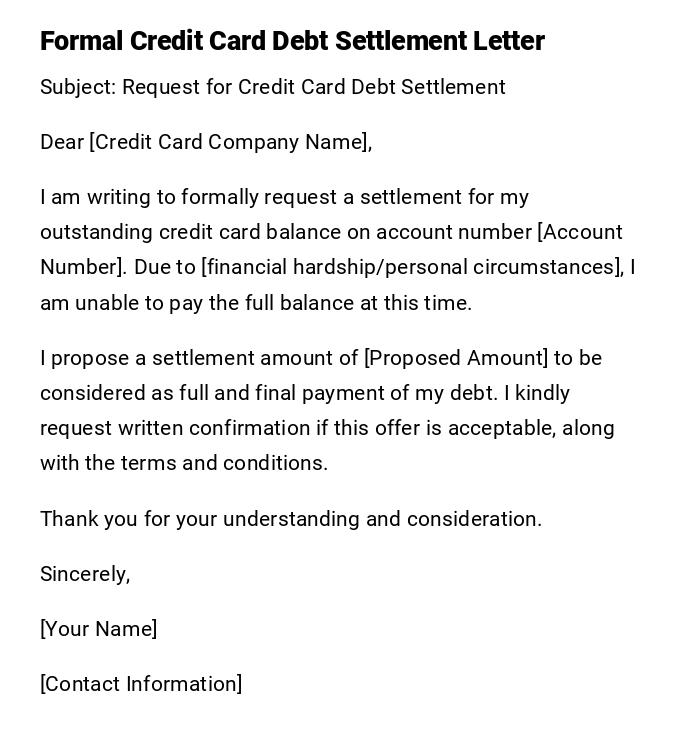 Formal Credit Card Debt Settlement Letter Formal Credit Card Debt Settlement Letter