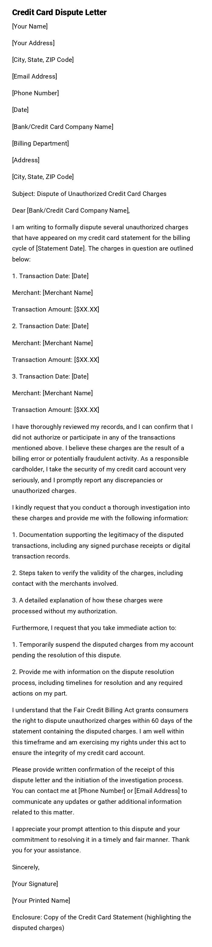 Credit Card Dispute Letter