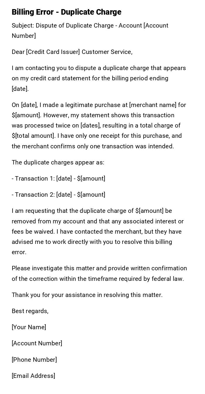 Billing Error - Duplicate Charge Billing Error - Duplicate Charge