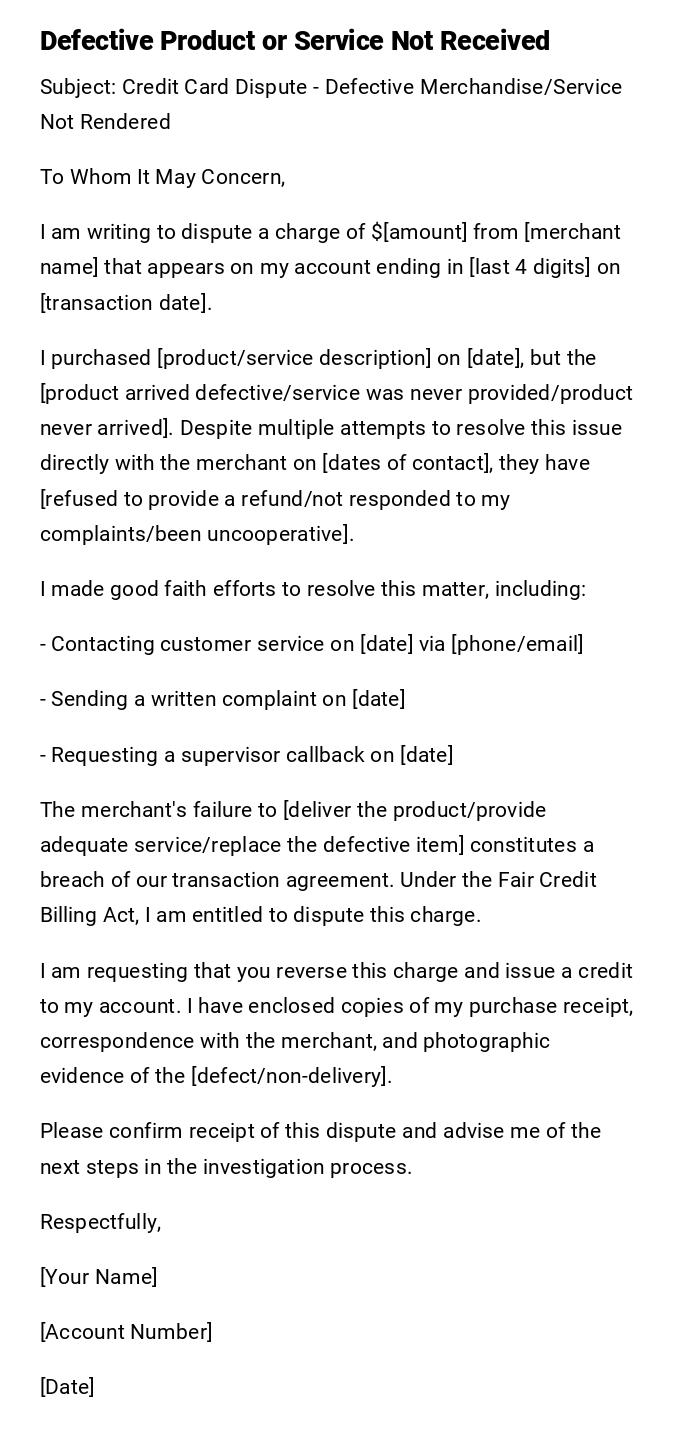 Defective Product or Service Not Received Defective Product or Service Not Received