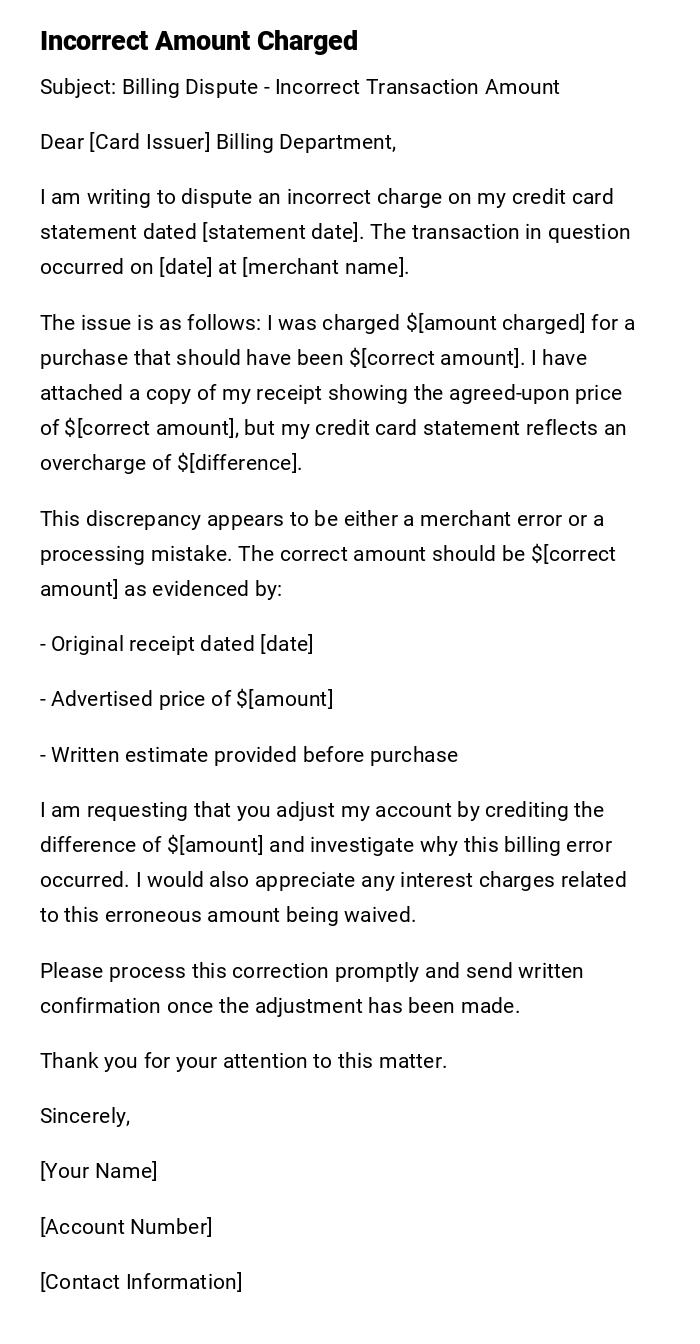 Incorrect Amount Charged Incorrect Amount Charged