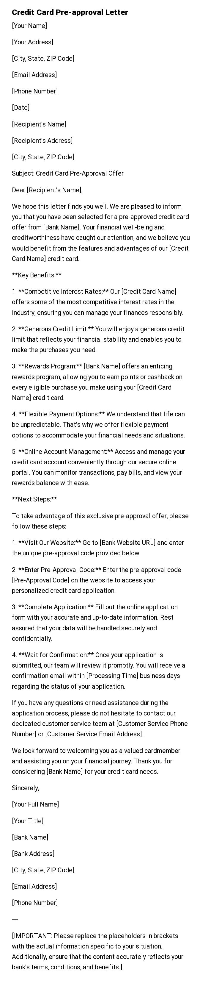 Credit Card Pre-approval Letter