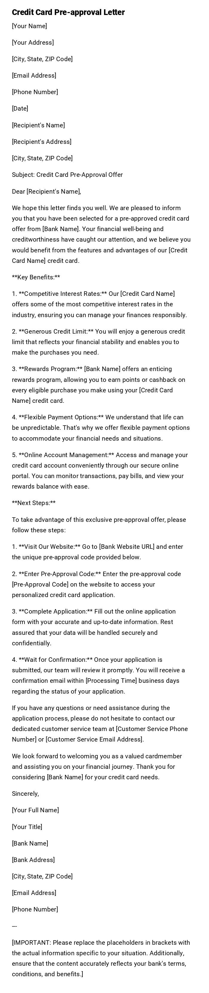 Credit Card Pre-approval Letter