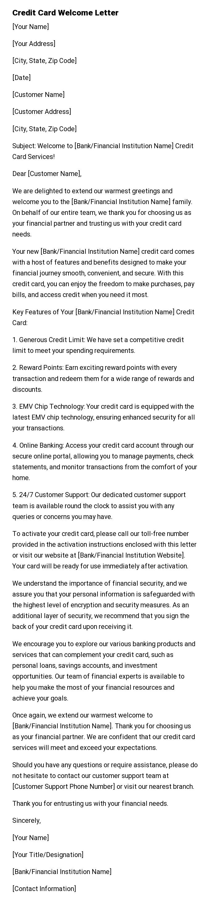 Credit Card Welcome Letter