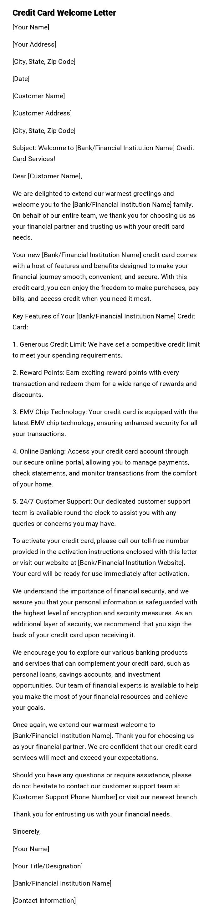 Credit Card Welcome Letter