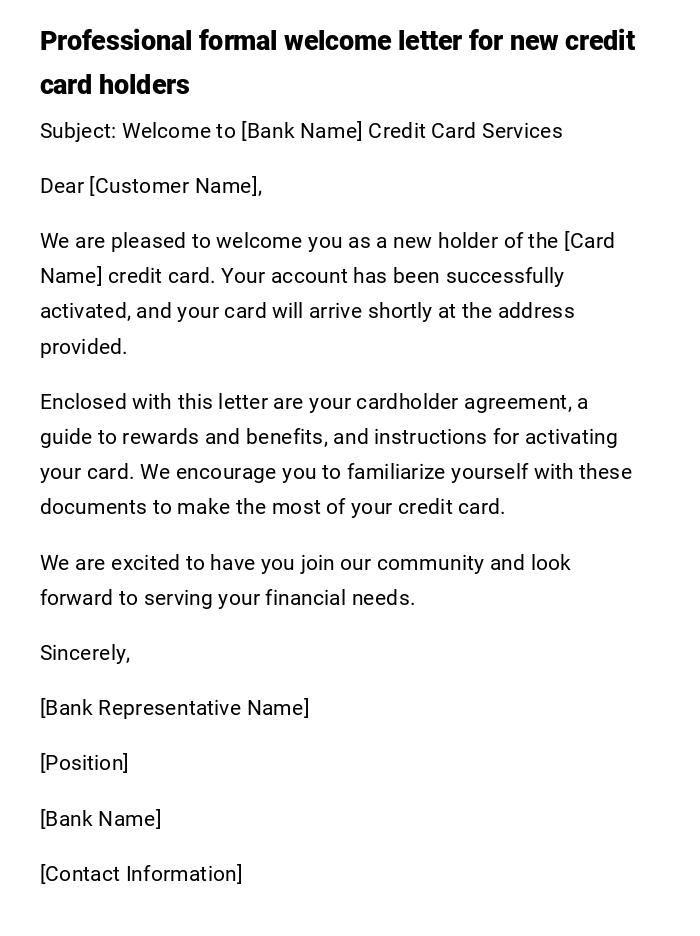 Professional formal welcome letter for new credit card holders