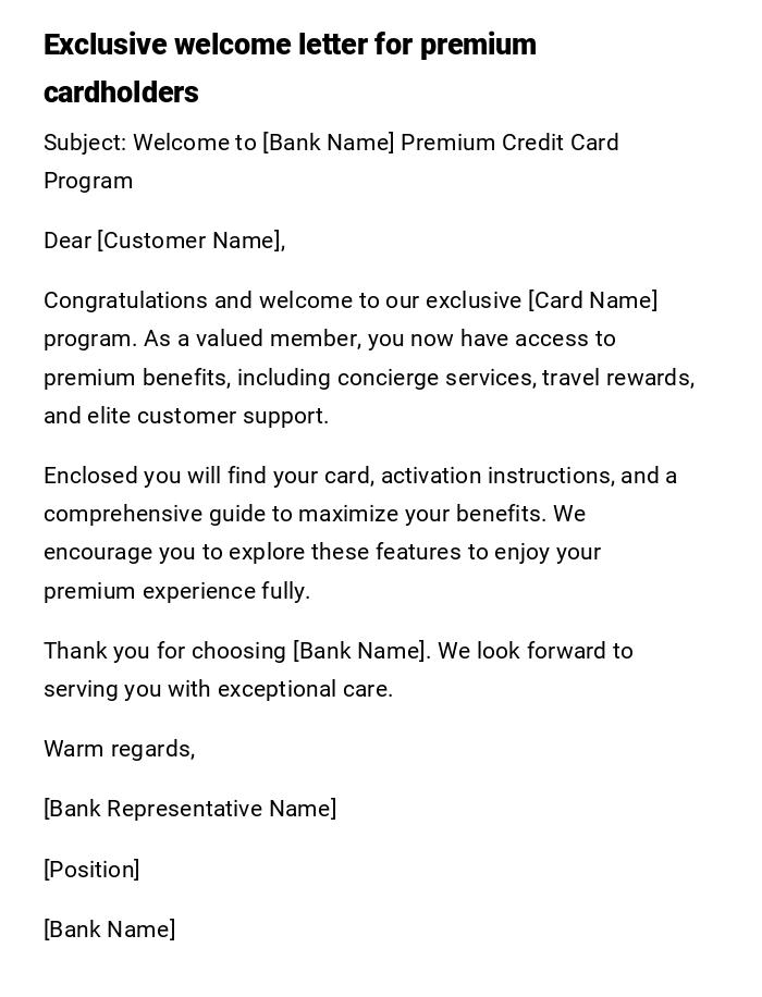 Exclusive welcome letter for premium cardholders