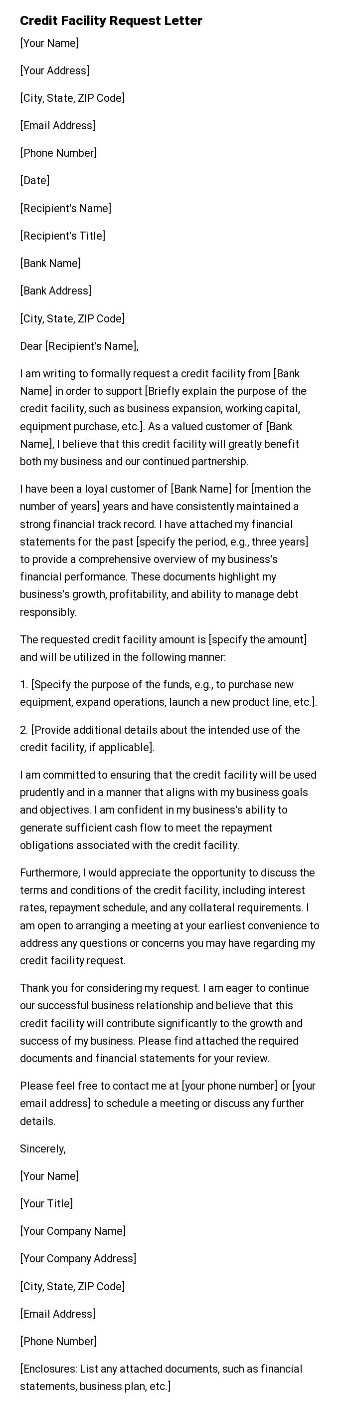 Credit Facility Request Letter