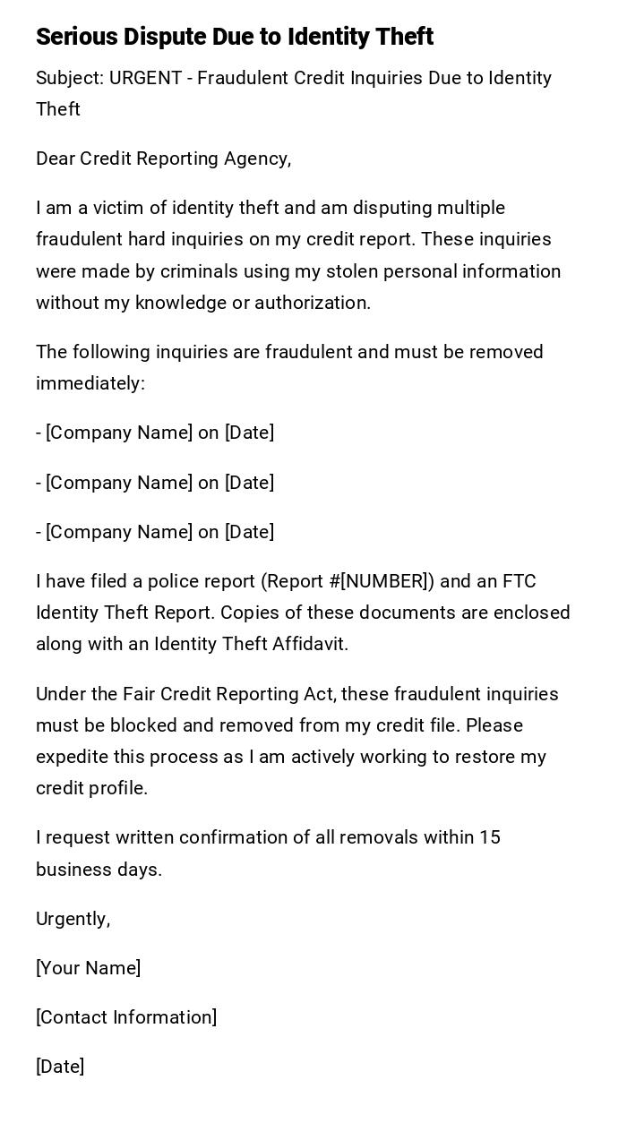 Serious Dispute Due to Identity Theft Serious Dispute Due to Identity Theft