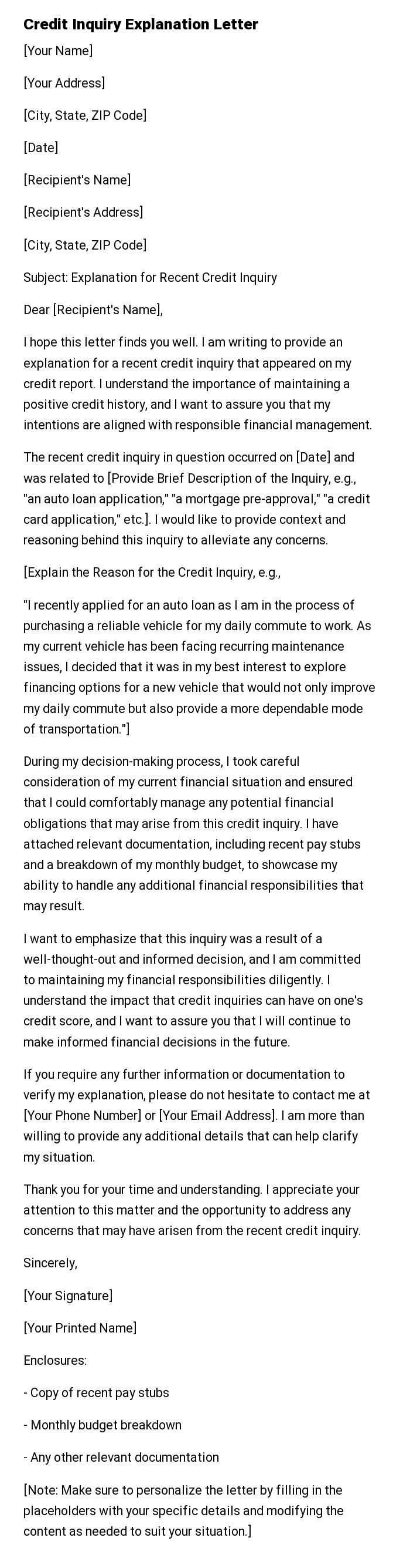 Credit Inquiry Explanation Letter