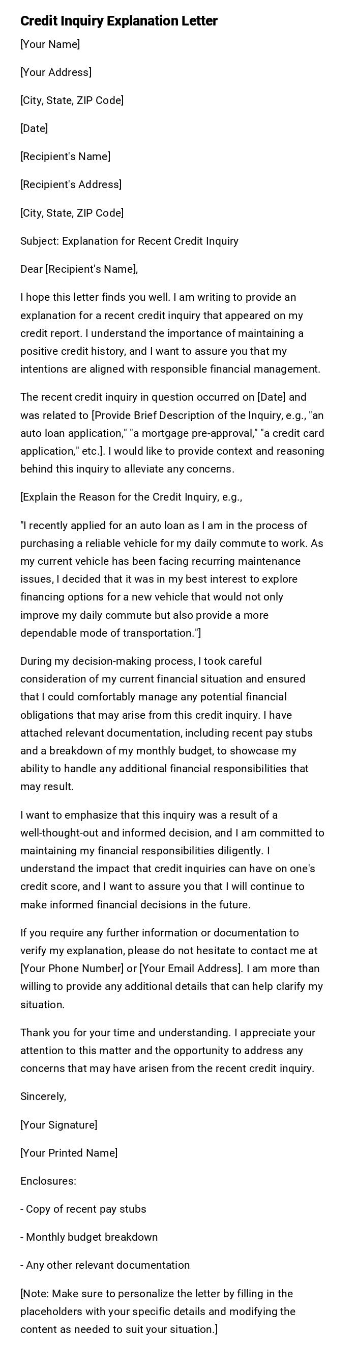 Credit Inquiry Explanation Letter