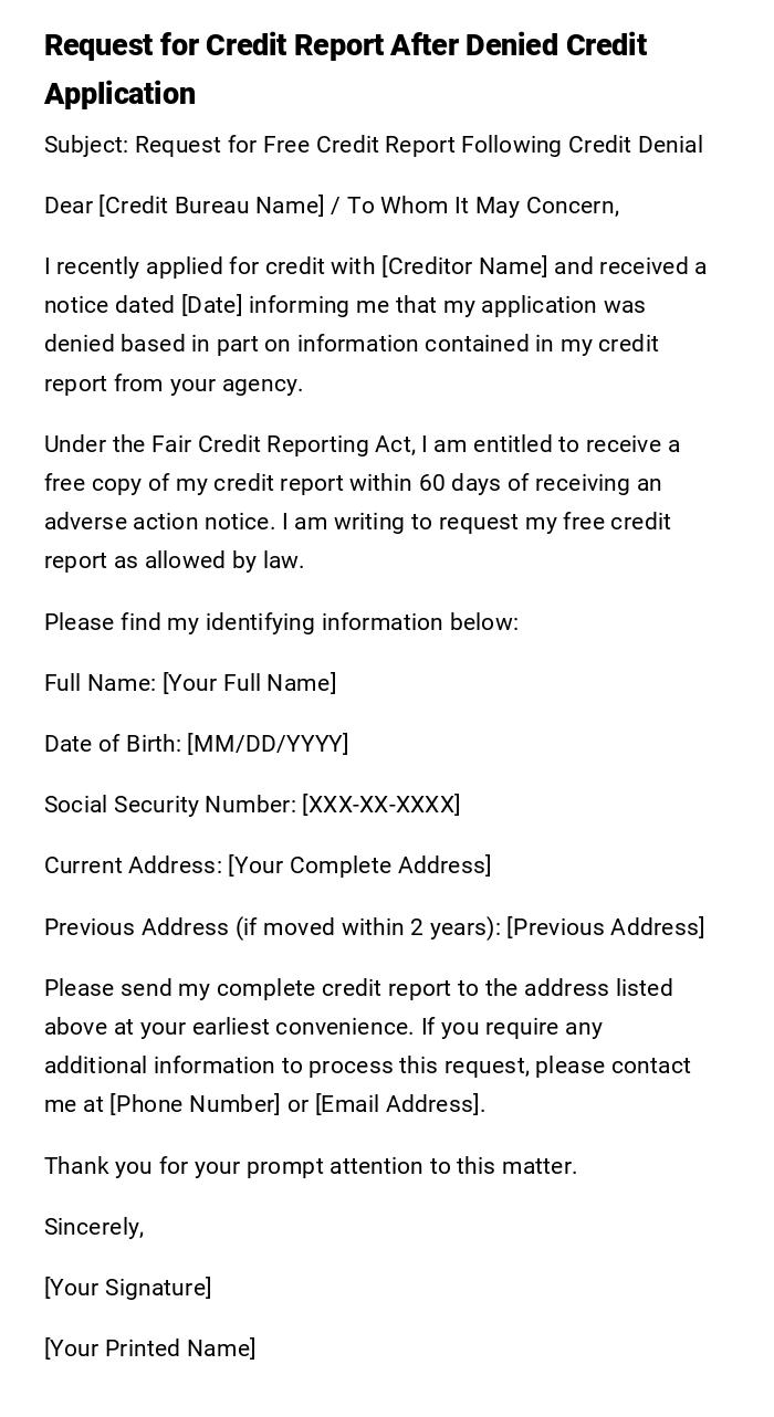 Request for Credit Report After Denied Credit Application