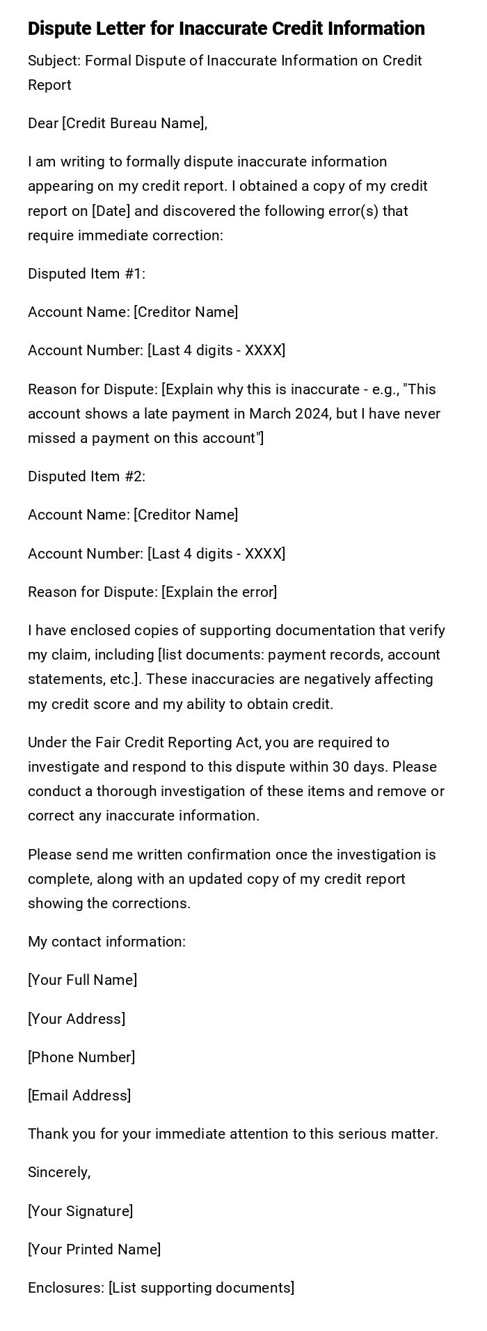 Dispute Letter for Inaccurate Credit Information
