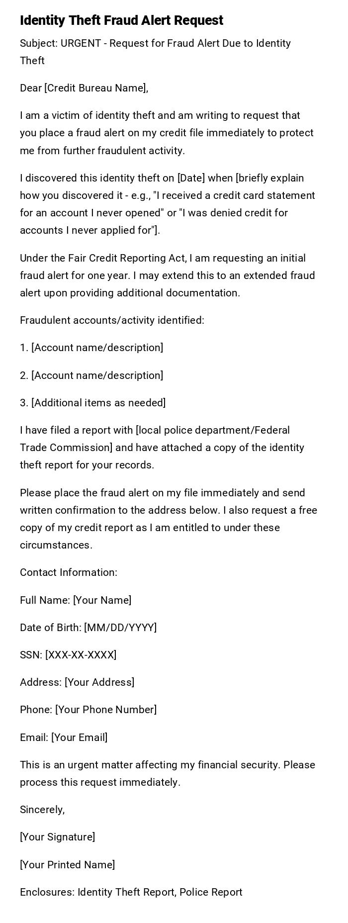 Identity Theft Fraud Alert Request