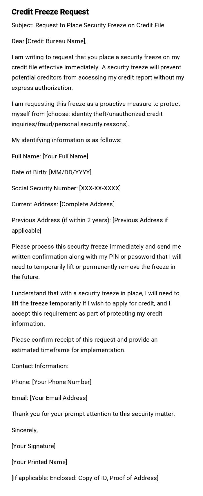 Credit Freeze Request