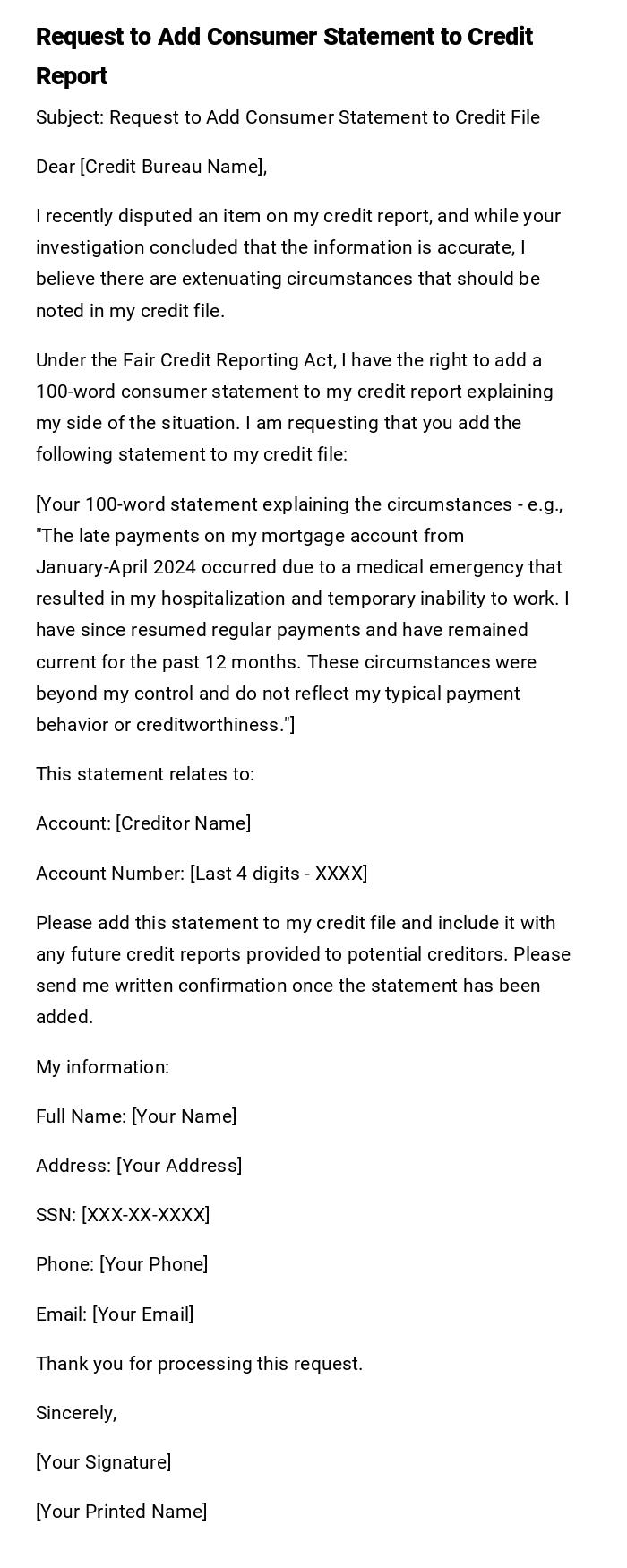 Request to Add Consumer Statement to Credit Report