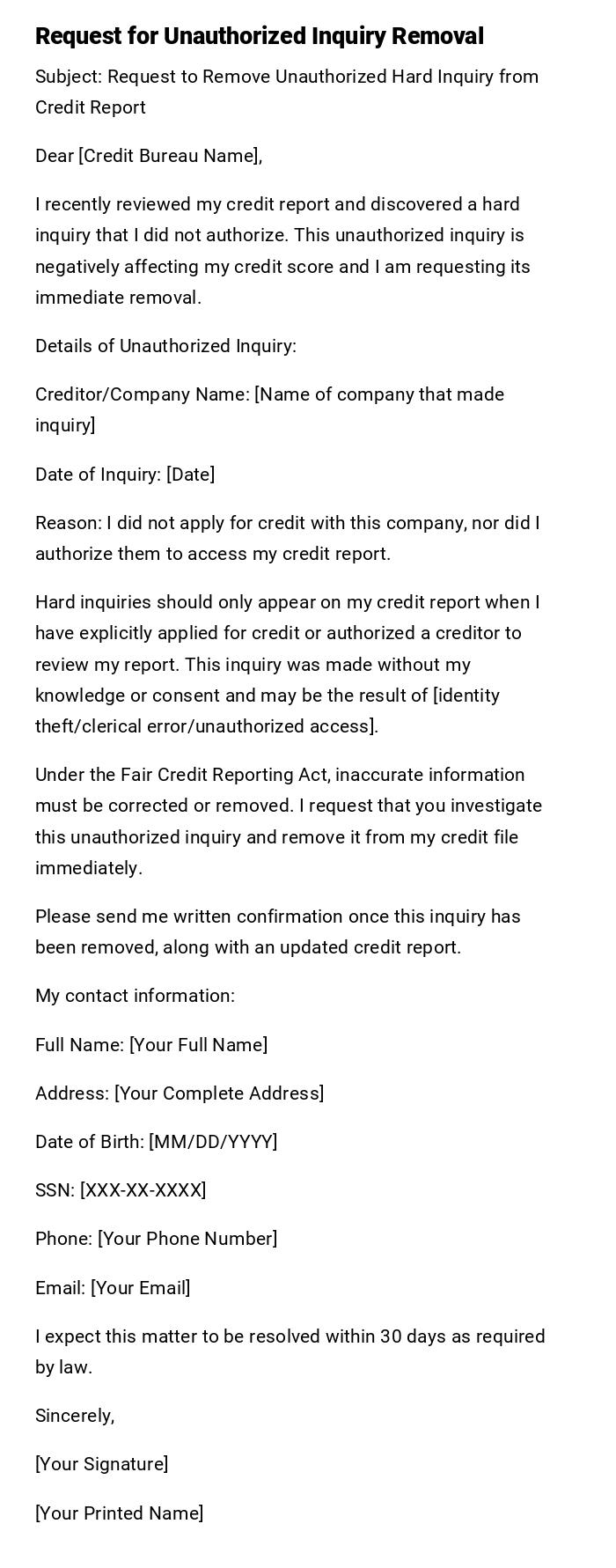 Request for Unauthorized Inquiry Removal
