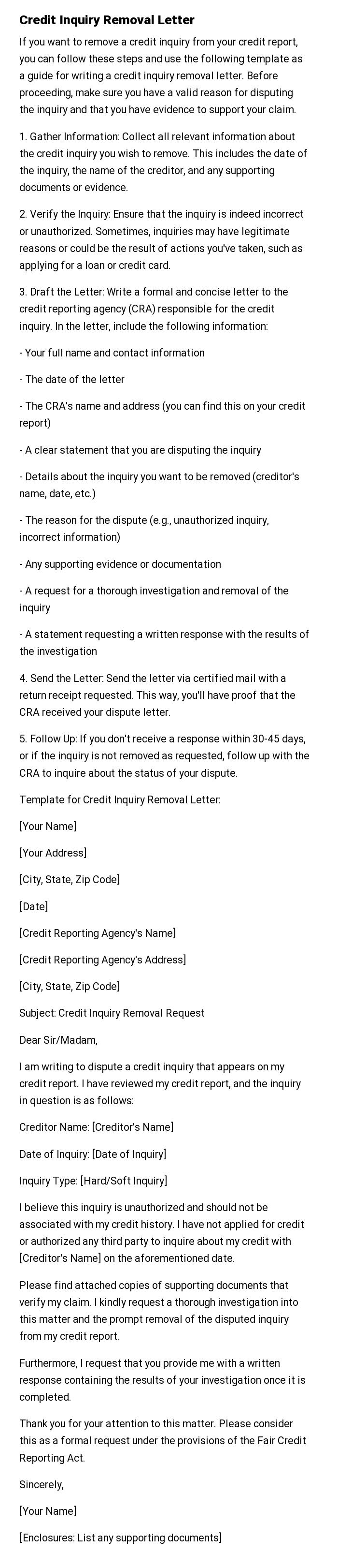 Credit Inquiry Removal Letter