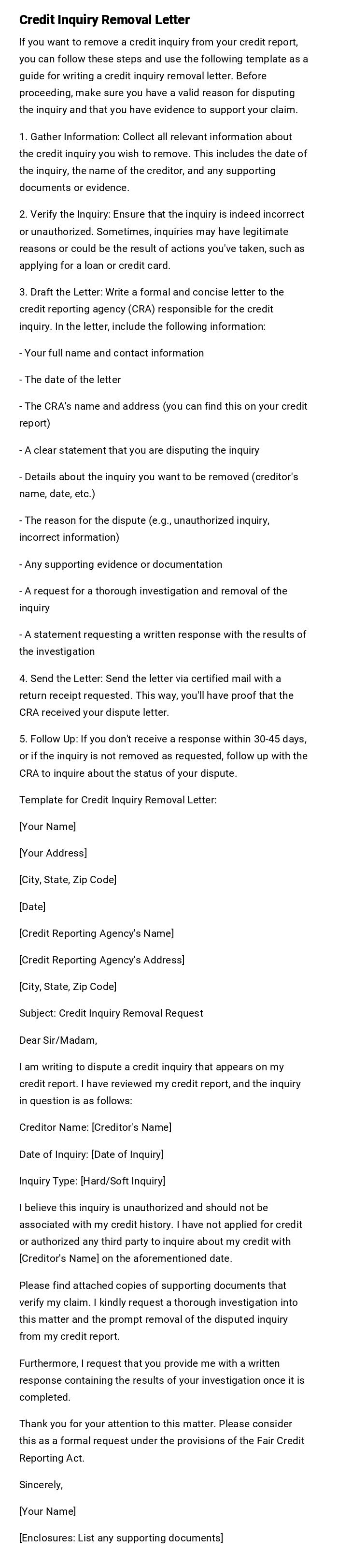 Credit Inquiry Removal Letter