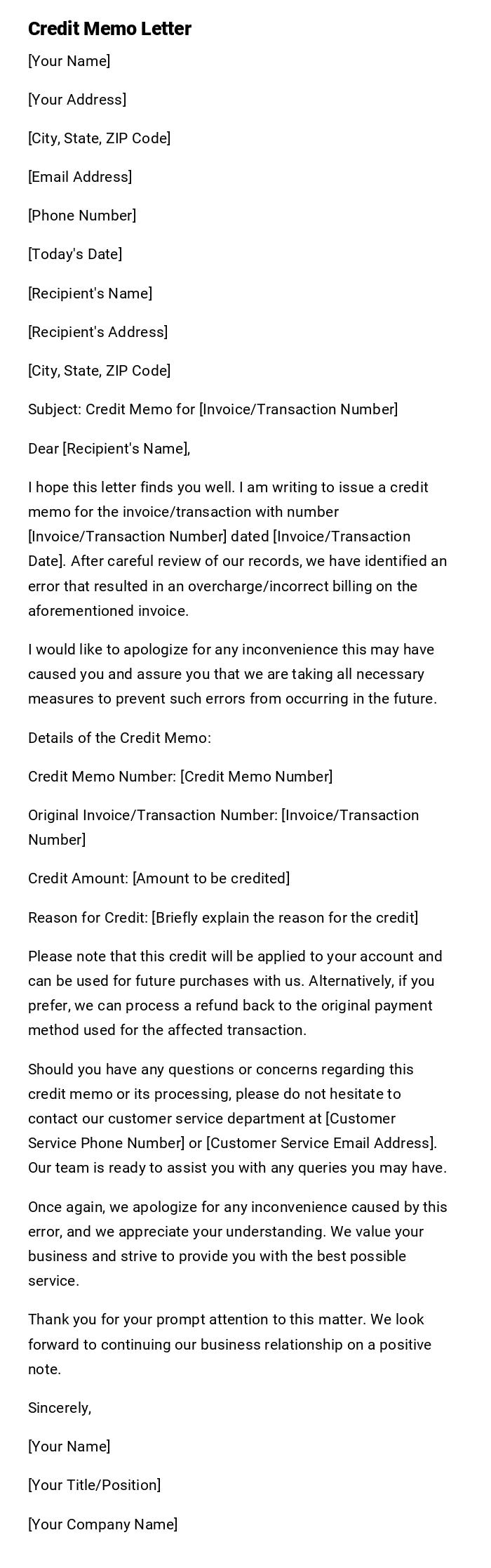 Credit Memo Letter