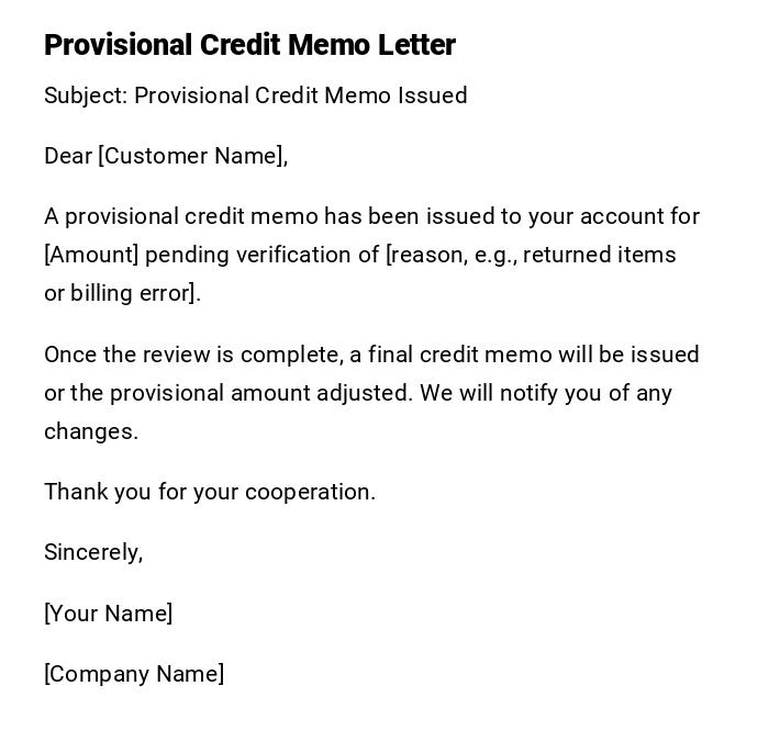 Provisional Credit Memo Letter Provisional Credit Memo Letter
