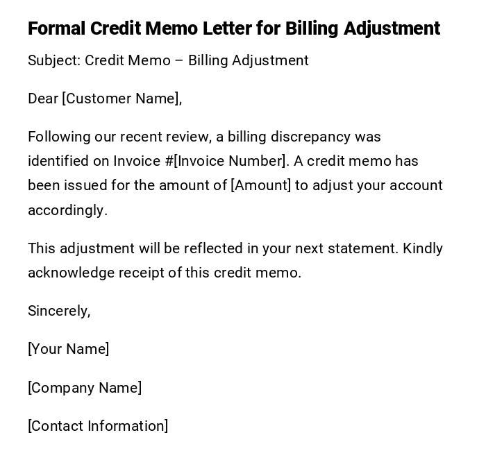 Formal Credit Memo Letter for Billing Adjustment Formal Credit Memo Letter for Billing Adjustment