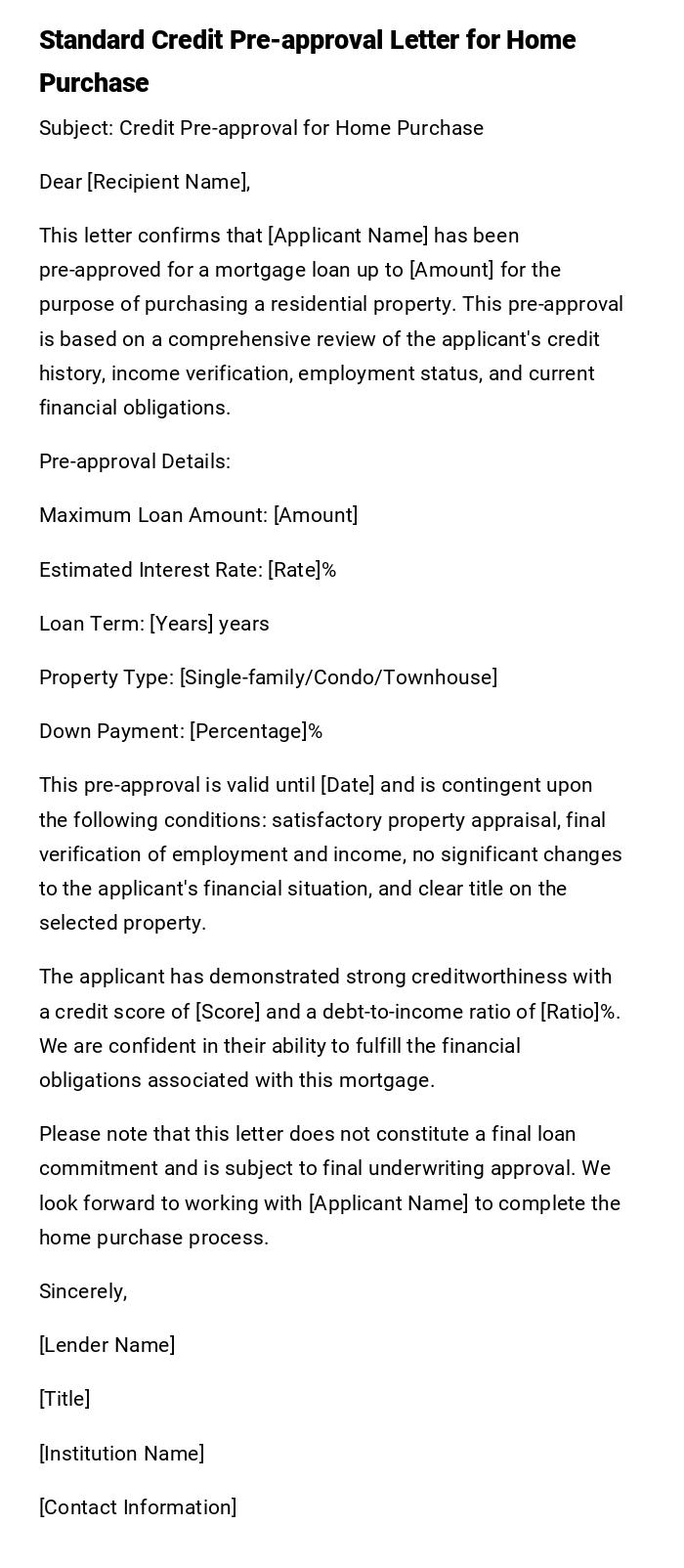 Standard Credit Pre-approval Letter for Home Purchase Standard Credit Pre-approval Letter for Home Purchase