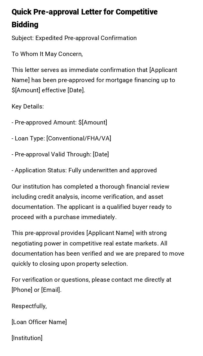 Quick Pre-approval Letter for Competitive Bidding Quick Pre-approval Letter for Competitive Bidding