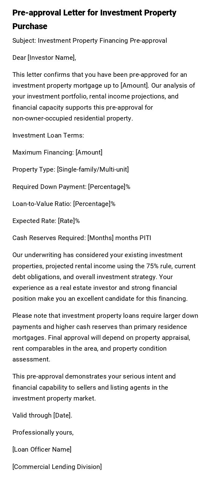 Pre-approval Letter for Investment Property Purchase Pre-approval Letter for Investment Property Purchase