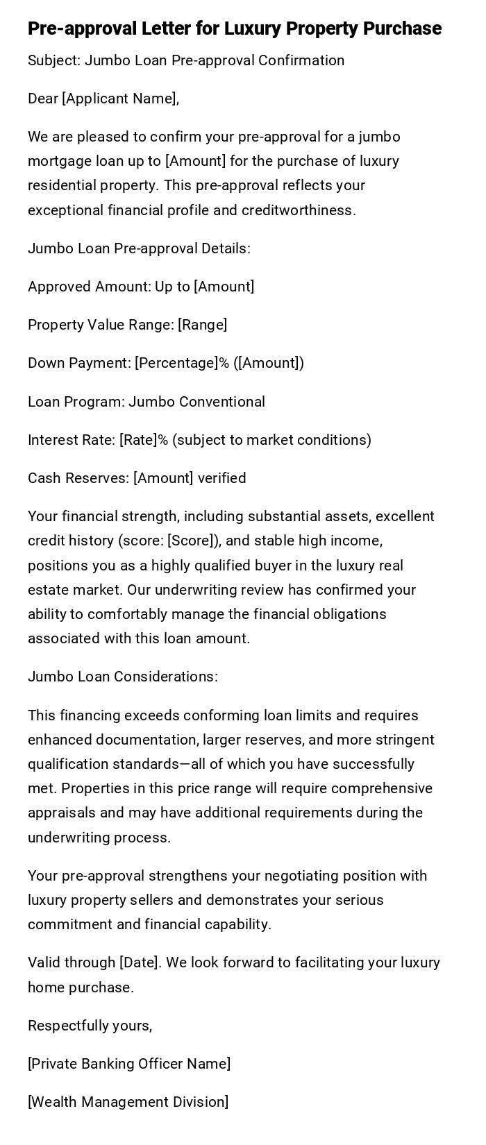Pre-approval Letter for Luxury Property Purchase Pre-approval Letter for Luxury Property Purchase