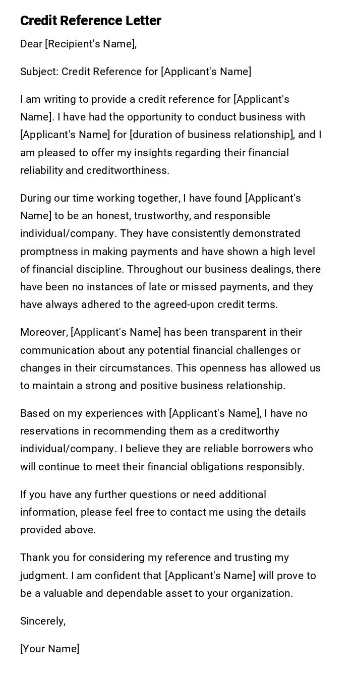 Credit Reference Letter Credit Reference Letter