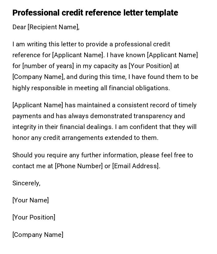 Professional credit reference letter template