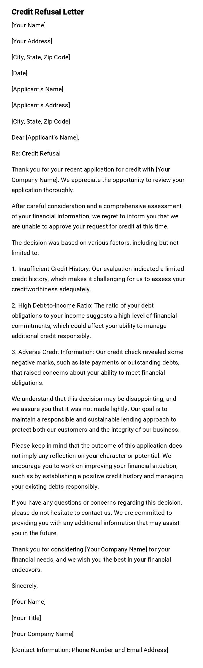 Credit Refusal Letter