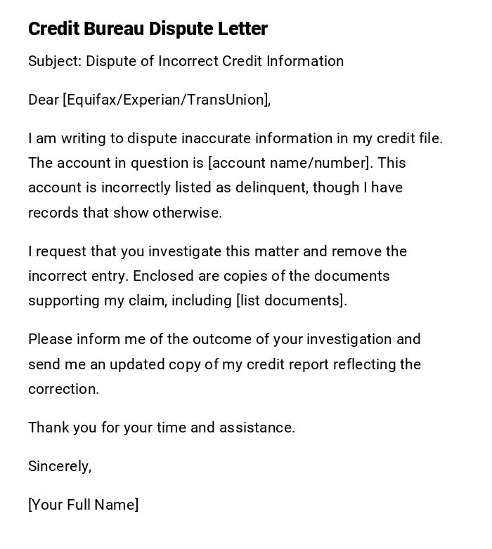 Credit Bureau Dispute Letter Credit Bureau Dispute Letter