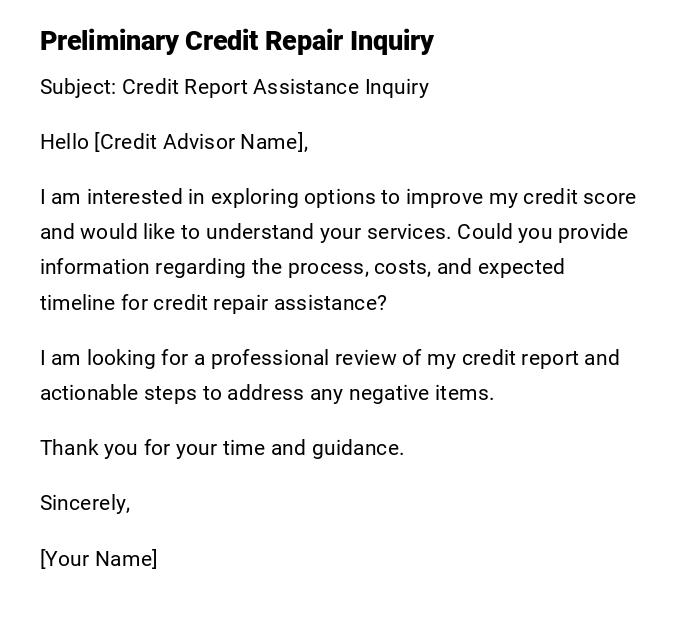 Preliminary Credit Repair Inquiry Preliminary Credit Repair Inquiry