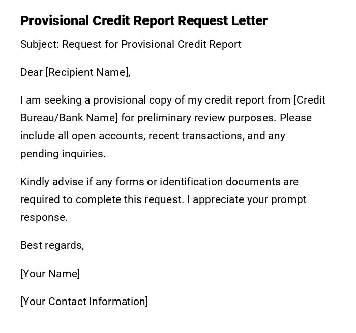 Provisional Credit Report Request Letter Provisional Credit Report Request Letter