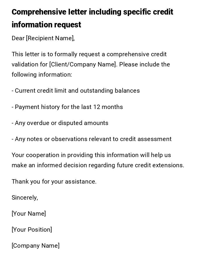 Comprehensive letter including specific credit information request Comprehensive letter including specific credit information request