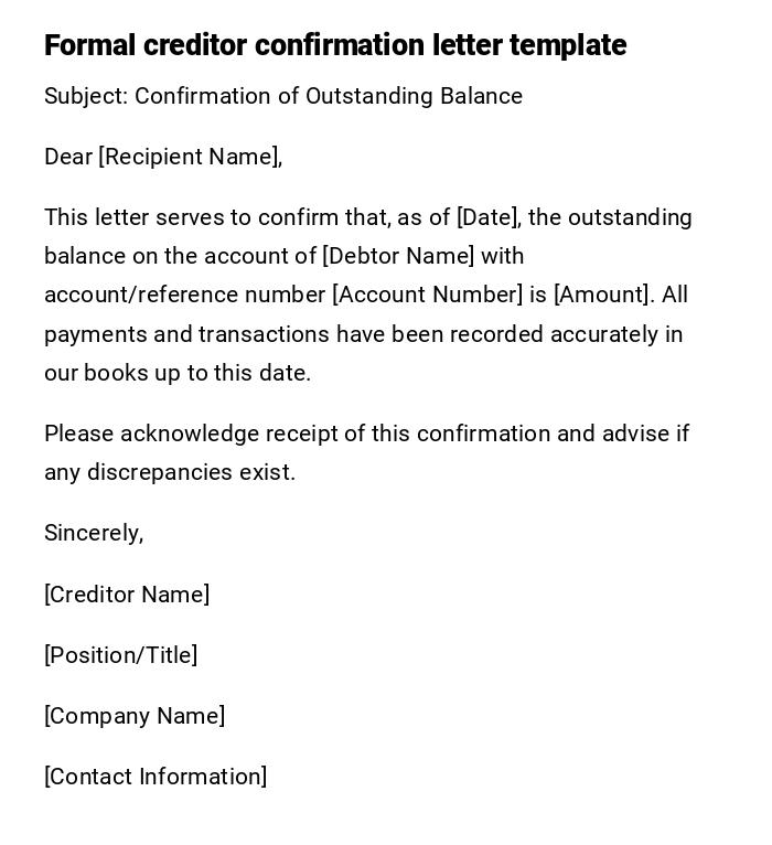 Formal creditor confirmation letter template