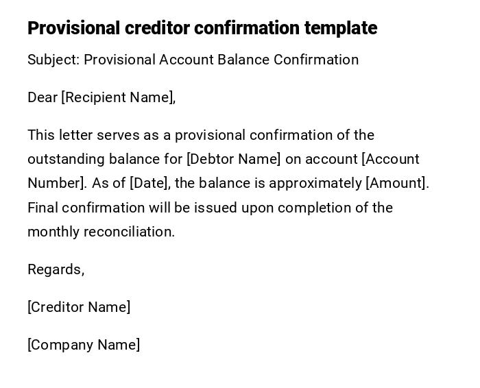 Provisional creditor confirmation template