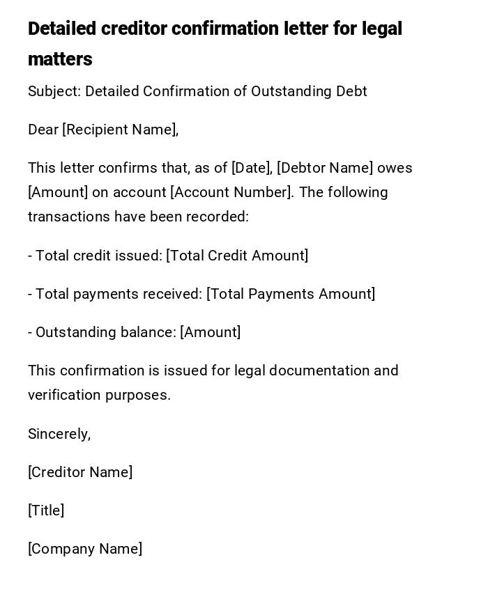 Detailed creditor confirmation letter for legal matters