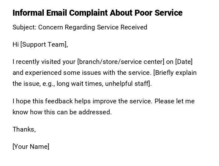 Informal Email Complaint About Poor Service Informal Email Complaint About Poor Service