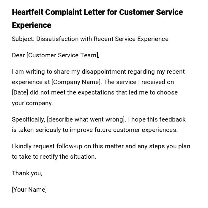 Heartfelt Complaint Letter for Customer Service Experience Heartfelt Complaint Letter for Customer Service Experience