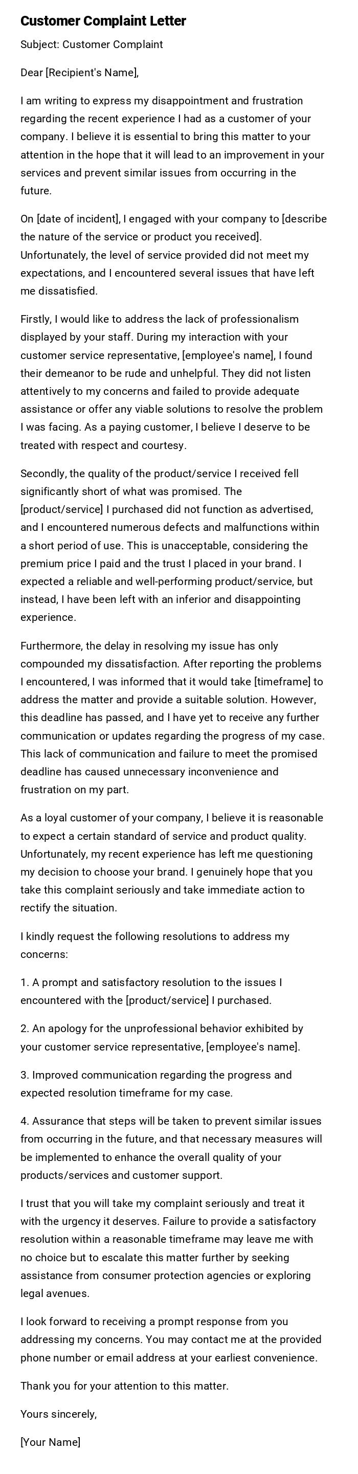 Customer Complaint Letter