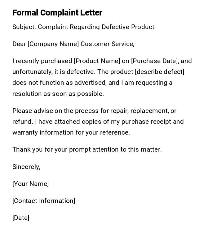 Formal Complaint Letter